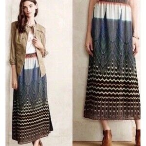 Anthropologie Maeve Maxi Skirt Black Small Motif Peacock Chevron Chiffon